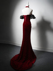 Unique Mermaid Velvet Burgundy Long Prom Dress, Burgundy Long Evening Dress