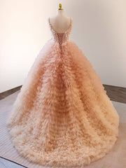 Unique Orange V Neck Tulle Sequin Orange Pink Long Quinceanera Dress