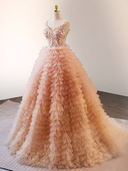 Unique Orange V Neck Tulle Sequin Orange Pink Long Quinceanera Dress