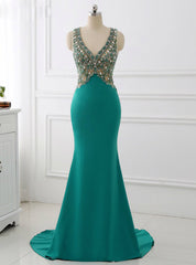 V Neck Mermaid Long Sparkly Beading Formal Evening Dresses