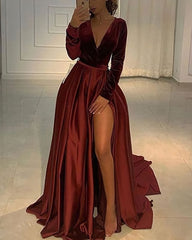 V Neckline Velvet Bodice Burgundy Prom Dress Sexy Leg Slit