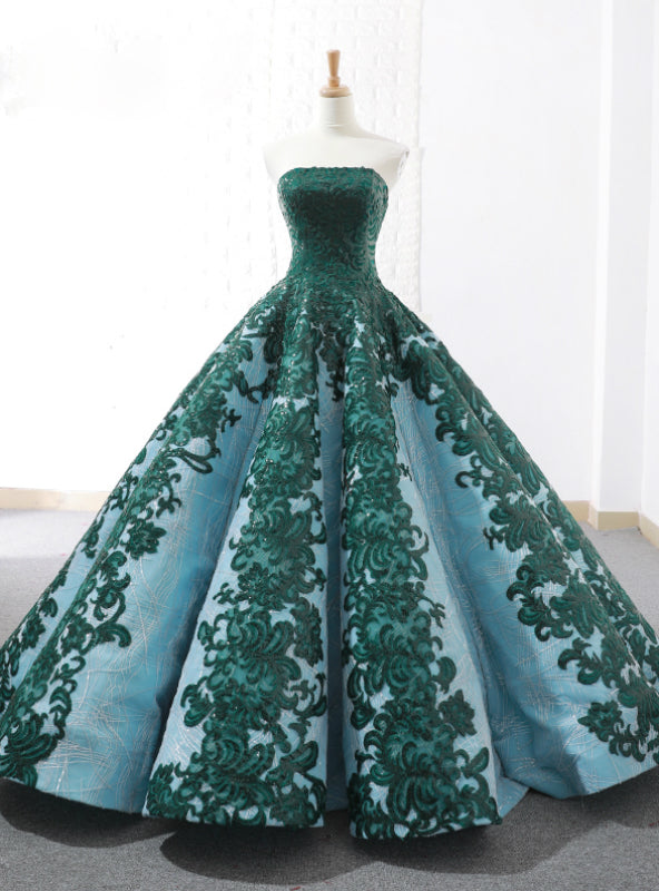 Vintage Green Ball Gown Appliques Sequins Strapless Wedding Dress