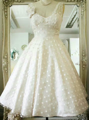 Vintage Polka Dots Tea Length V-neck Backless Wedding Dress