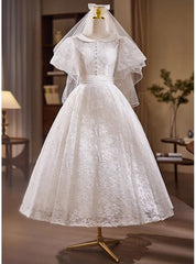 Vintage White Lace Puff Sleeve Wedding Dress