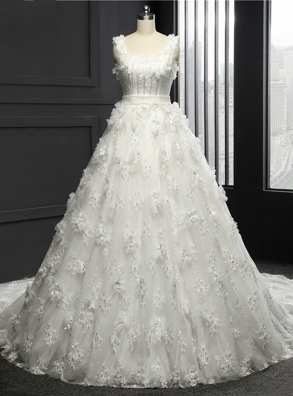 Wedding Dress Chapel Train Tulle With Lace Appliques Ball Gown