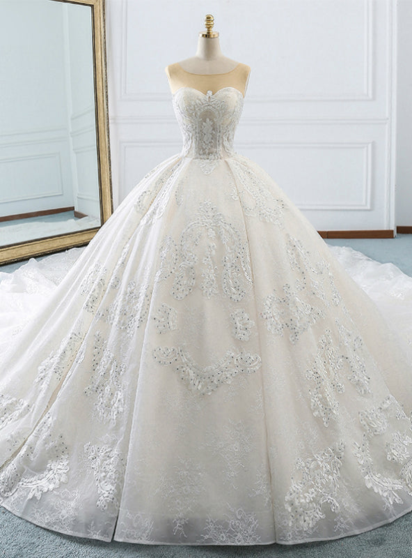 White Ball Gown Appliques Bateau Backless Wedding Dress With Train