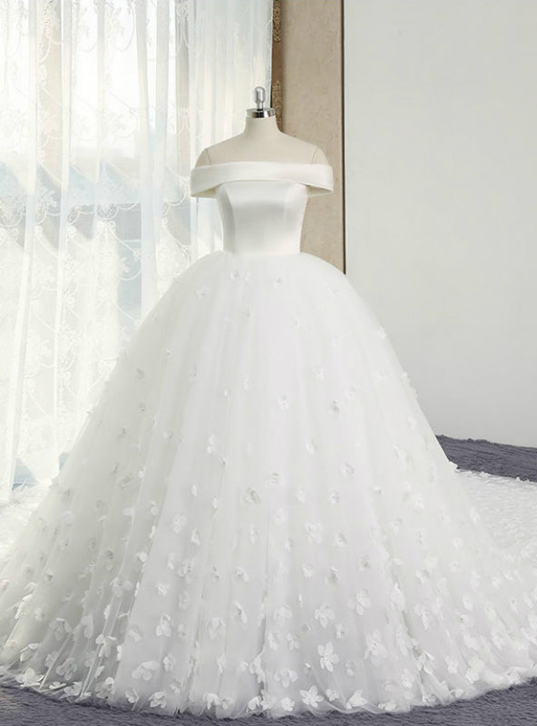 White Ball Gown Off The Shoulder Appliques With Long Train Wedding Dress