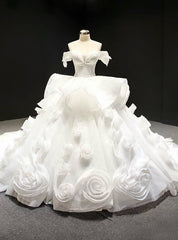 White Ball Gown Off the Shoulder Organza Luxury Wedding Dress