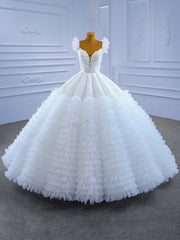 White Ball Gown Puff Lace Sequins Tiers Wedding Dress