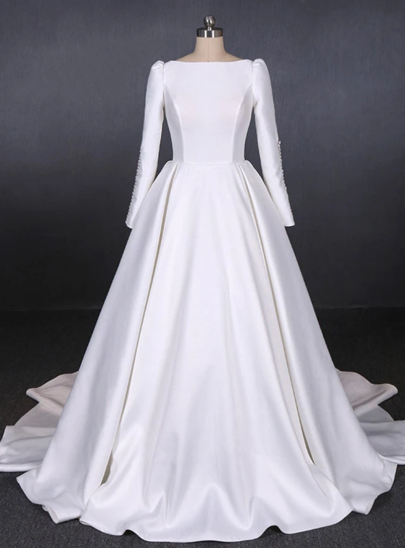 White Ball Gown Satin Long Sleeve Backless Wedding Dress