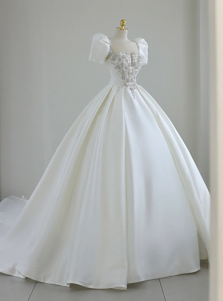 White Ball Gown Satin Puff Sleeve Beading Wedding Dress