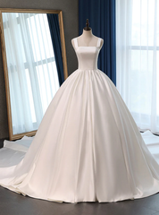 White Ball Gown Satin Straps Sleeveless Wedding Dress With Train