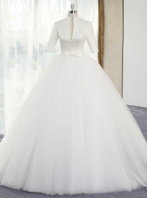 White Ball Gown Satin Tulle High Neck Short Sleeve Wedding Dress With Bow