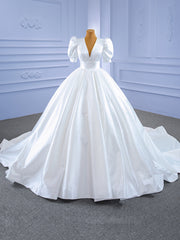 White Ball Gown Satin V-neck Puff Sleeve Wedding Dress