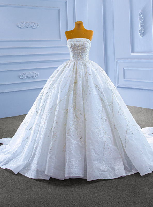 White Ball Gown Sequins Tulle Strapless Beading Wedding Dress