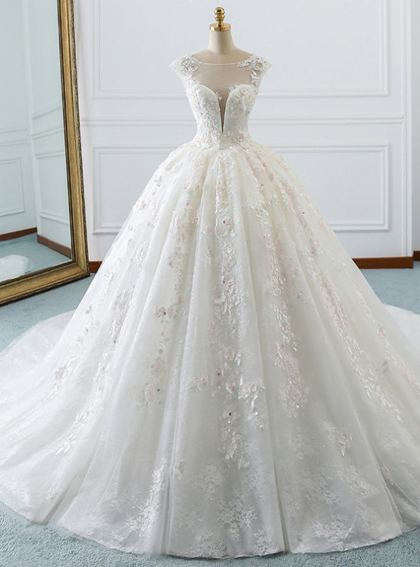 White Ball Gown Tulle Appliques Backless Cap Sleeve Wedding Dress