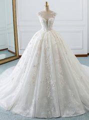 White Ball Gown Tulle Appliques Backless Cap Sleeve Wedding Dress