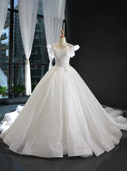 White Ball Gown Tulle Sequins Appliques Backless Wedding Dress