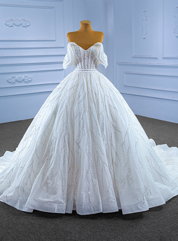 White Ball Gown Tulle Sequins Pearls Wedding Dress