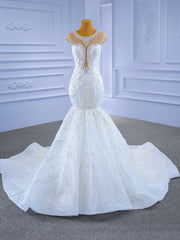 White Illusion Mermaid Tulle Cap Sleeve Beading Wedding Dress