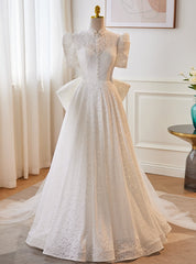 White Lace High Neck Short Sleeve Wedding Dress