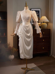 White Lace Long Sleeve Short Sleeve Wedding Dress