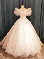 White Lace Puff Sleeve Pearls Wedding Dress