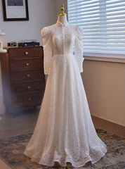 White Lace Tulle Long Sleeve High Neck Wedding Dress