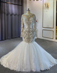 White Mermaid Lace Long Sleeve Beading Crystal Wedding Dress