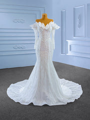 White Mermaid Long Sleeve Sequins Pearls Wedding Dress