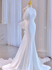 White Mermaid Satin Halter Pearls Bow Wedding Dress