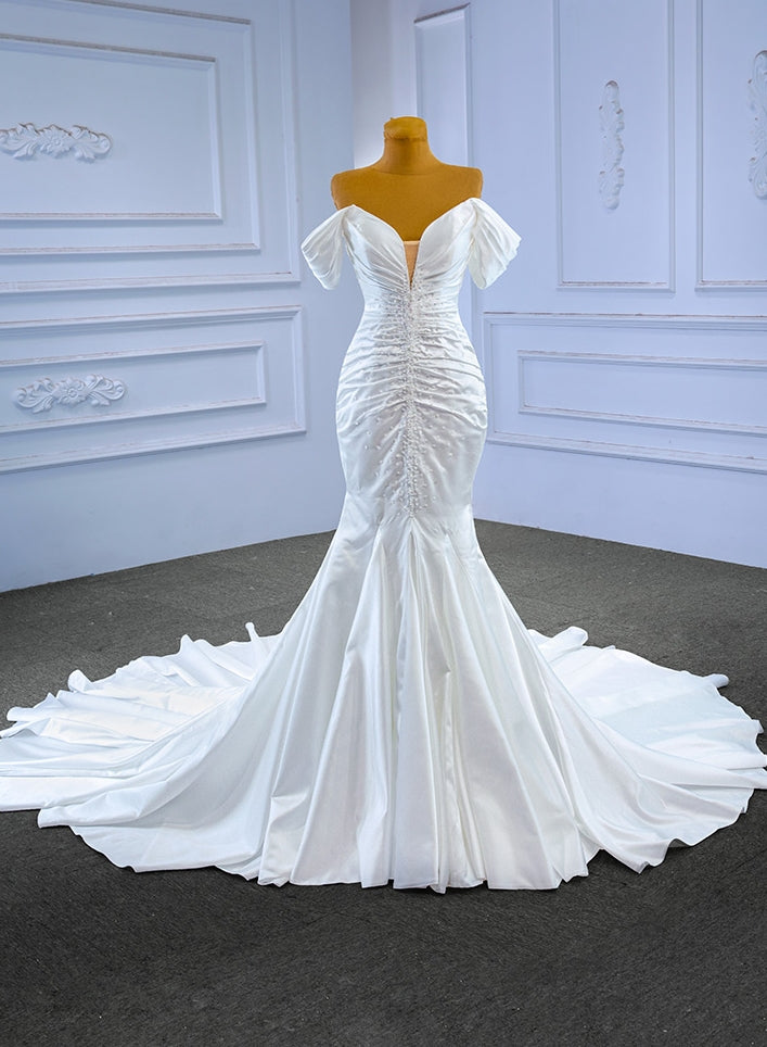 White Mermaid Satin Off the Shoulder Pleats Pearls Wedding Dress