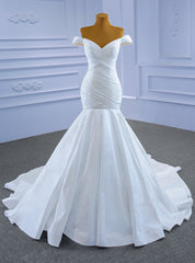 White Mermaid Satin Pleats Off the Shoulder Wedding Dress