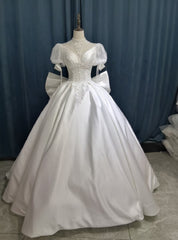 White Satin High Neck Short Sleeve Beading Wedding Dress