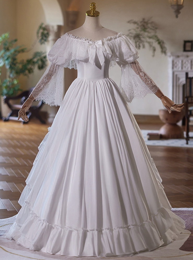 White Satin Lace Long Sleeve Tiers Wedding Dress