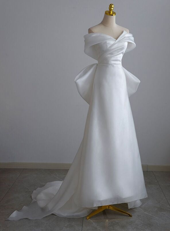 White Satin Off the Shoulder Pleats Bow Wedding Dress