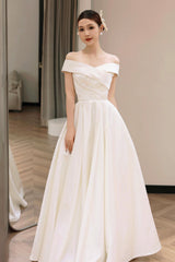 White Satin Off the Shoulder Prom Dress, A-Line Floor Length Evening Party Dress