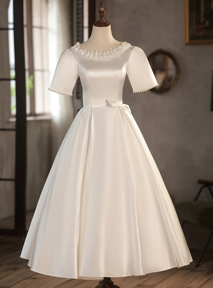 White Satin Short Sleeve Pearls Wedding Dress