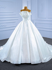 White Satin Strapless Pleats Pearls Wedding Dress