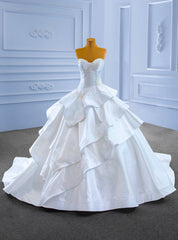 White Satin Tiers Sweetheart Pearls Wedding Dress