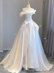 White Satin Tulle Off the Shoulder Pleats Wedding Dress