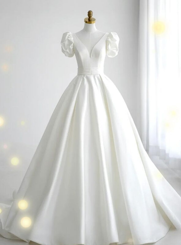 White Satin V-neck Puff Sleeve Wedding Dress