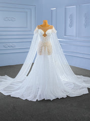 White See Through Tulle Pearls Wedding Dress