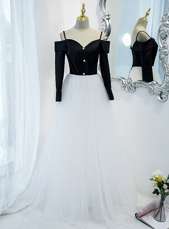 White Tulle Black Top Long Sleeve Spaghetti Straps Prom Dress