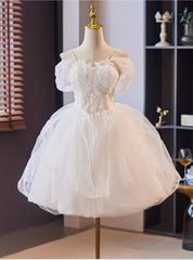 White Tulle Lace Spaghetti Straps Short Wedding Dress