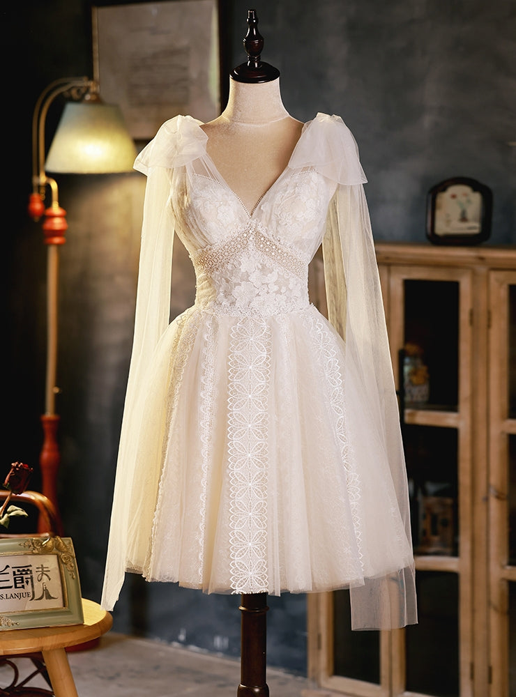 White Tulle Lace V-neck Homecoming Dress