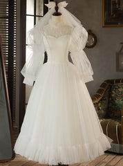 White Tulle Long Sleeve Pearls Wedding Dress