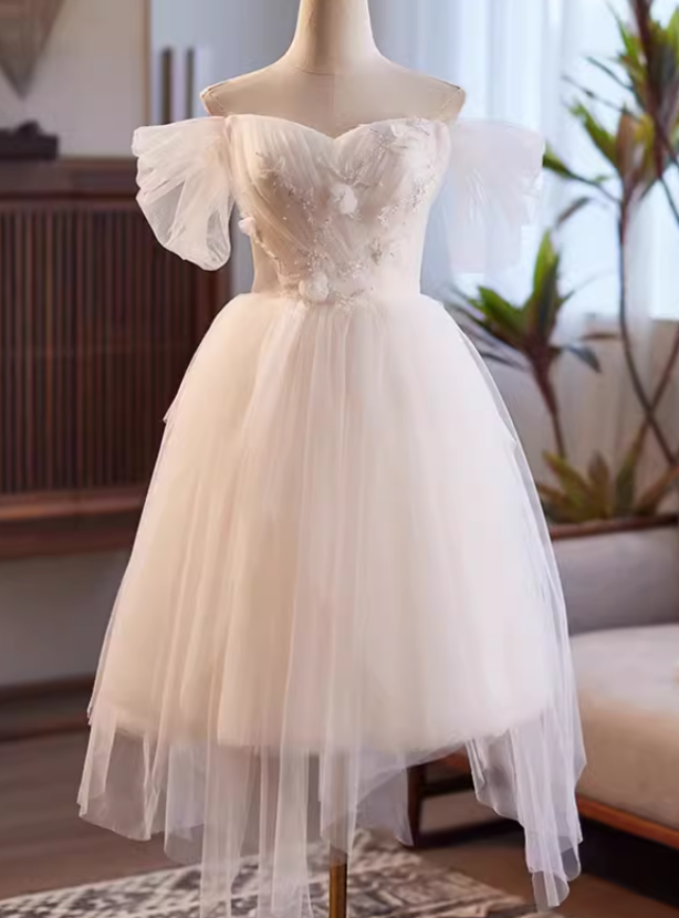 White Tulle Off the Shoulder Flower Pleats Wedding Dress