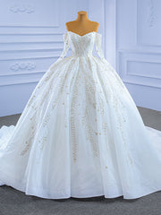 White Tulle Off the Shoulder Long Sleeve Beading Sequins Wedding Dress