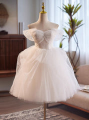 White Tulle Off the Shoulder Pearls Pleats Wedding Dress